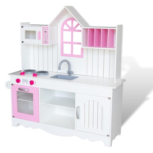 WOODENFUN Play Kitchen for Kids 3-8, Wooden Kids Play Kitchen Playset Chef Pretend Play Set for Toddlers w, Toys Kitchen Gifts for Boys Girls (Large White) von WOODENFUN