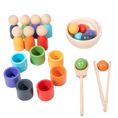 WOODENFUN Regenbogen Bälle in Tassen, Montessori Spielzeug für Kleinkinder, für 1 2 3Jahr, Vorschule, Holzspiele zum Lernen, Farbsortieren und Zählen (7-Farben) von WOODENFUN