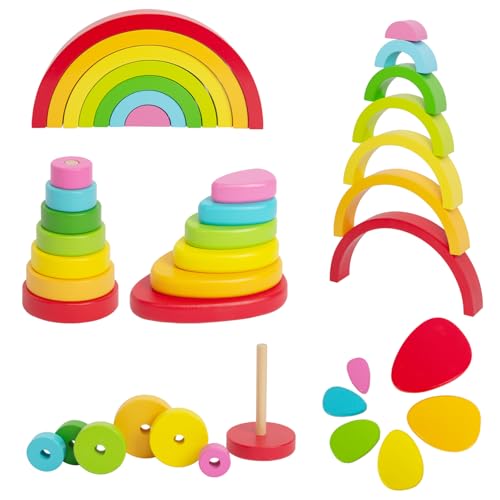 WOODENFUN Regenbogen Holz Spielzeug Bausteine, Montessori pädagogisches Spielzeug, Regenbogen Block Stapeln 3-teiliges Set Kleine Bausteine (Kleines Set) von WOODENFUN
