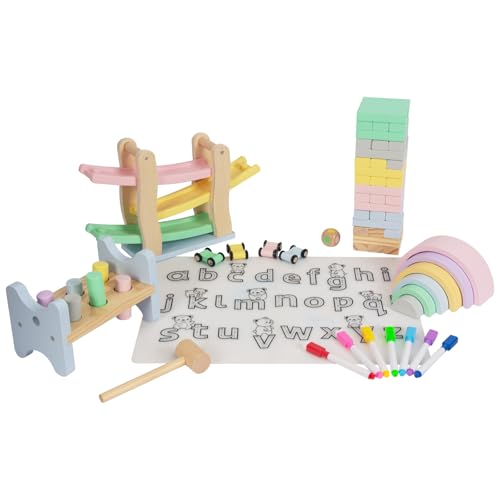 WoodenFun Montessori Spielzeug Set Kinder Erleuchtung Holz Spielzeug 5pcs Set mit Holz gestapelt, Bausteine，Rampe Auto Rennbahn 3+ Jahre Kinder Geschenktasche (Set2) von WOODENFUN