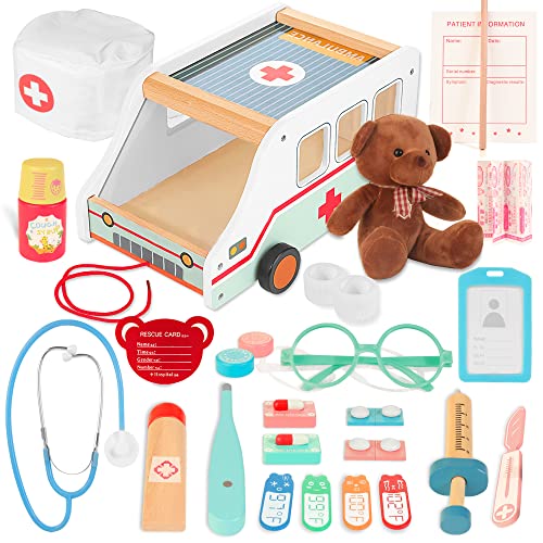 WOODMAM Holz Krankenwagen für Kinder, 37 Stück medizinische Arztkoffer mit Ambulanz Spielzeug & Plüsch Bär Rollenspiel Geschenk für Jungen Mädchen ab 3 Jahre von WOODMAM