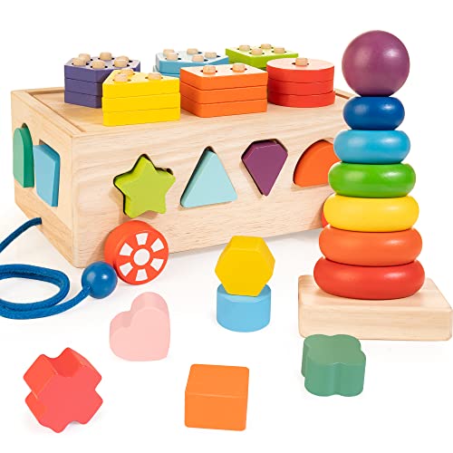 WOODMAM Montessori Holzformsortierer Spielzeug für 1 2 3 Jahre ältere Kleinkinder, 4-in-1-Stapelspielzeug-Set mit Regenbogenring-Stapelturm, pädagogisches Geschenk für Mädchen Jungen von WOODMAM