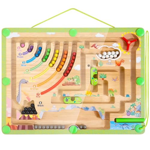 WOODMAM Magnetische Farbe und Zahl Labyrinth, Montessori Spielzeug ab 3 Jahre, Dinosaurier Holz Magnet Board Puzzles, Aktivitäten Zählen Matching Spiele Geschenk für Kinder von WOODMAM
