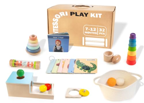 WOODMAM Montessori Babyspielzeug 6-12 Monate, 9 in 1 Holz Lernspielzeug, inklusive permanenter Objektbox, stapelbare Becher, Spiegelpuzzle, Ringstapler von WOODMAM