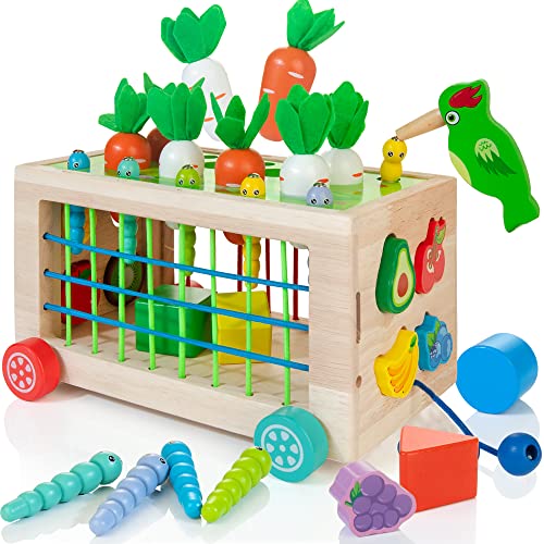 WOODMAM Montessori Holzspielzeug für Kleinkinder, 6-in-1 Sortieren & Stapeln Aktivität Würfel Wagen mit Bändern, Karottenernte & Obst Match, Lernspielzeug Geschenk für Jungen Mädchen 1-3 Jahre älter von WOODMAM
