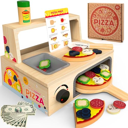 WOODMAM Pizza-Ofen Holzspielzeug ab 3 Jahre Kinder Montessori Spielzeug Kinderküche Zubehör mit Pizza, Pizzateller und Pizzaschneider, Rollenspiel-Geschenke für Jungen Mädchen ab 3 Jahre von WOODMAM