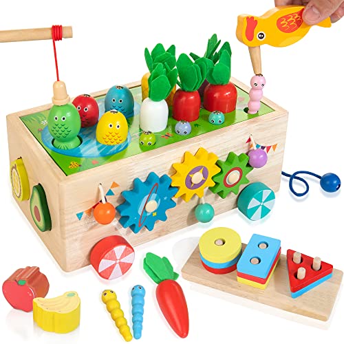 WOODMAM Montessorispielzeug für Kleinkinder, 8 in 1, Aktivitätsspielzeug Holz mit Karottenernte, magnetisches Angelspiel, Geschenk für Jungen und Mädchen im Alter von 1 2 3 Jahren von WOODMAM
