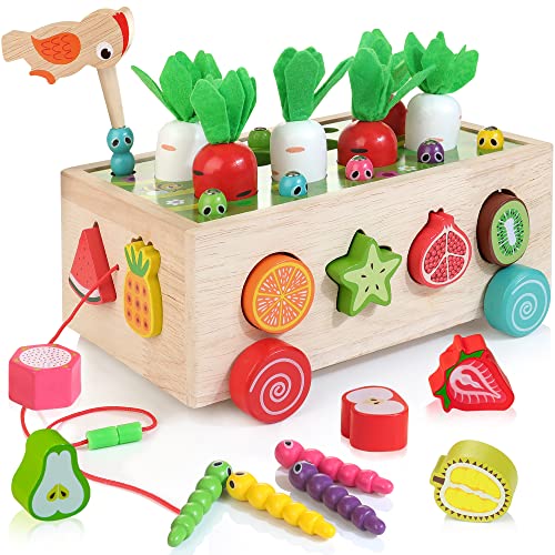 WOODMAM 5 in 1 Nachziehspielzeug für Kinder ab 1 2 3 4 Jahre, Lernspielzeug mit Karottenernte Spiel, Feinmotorik Holz Montessori Spielzeug Geschenk für Kinder Jungen Mädchen von WOODMAM