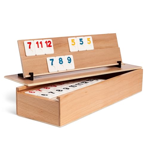 Rummy Holz Spiel - Hochwertiges Brettspiel aus Massivem Buchenholz mit 106 Robusten Kacheln von WOODTASTIC