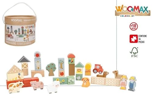 WOOMAX 33069 Holzblöcke, 36-teiliges Set, Tiere, Bauernhof, Spielzeug zum Stapeln, stapelbare Bausteine, Geschenk für Kinder, 18 Monate, Bauspiel für Babys, FSC-Siegel, + 18 Monate von WOOMAX