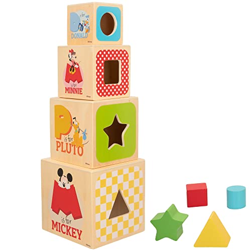 WOOMAX 48738 - Stapelbare hölzerne Babywürfel, Disney Tower, Mickey und Minnie Spielzeug, Lernspiel, Montessori, frühe Kindheit, ab 12 Monaten, Kindergeschenke von WOOMAX