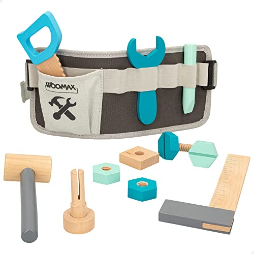 WOOMAX 49304 Werkzeuggürtel für Kinder, inklusive 12 Teilen, Kinderspielzeug aus Holz, Arbeit und Bau von WOOMAX