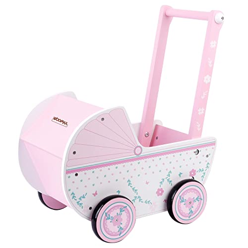 WOOMAX Holz, 26,5 x 39 x 46 cm, weiß, mit Rollen, für Puppen von 30 – 40, Babyspielzeug 3 Jahre, Puppenwagen (46475), Rosa Warenkorb von WOOMAX