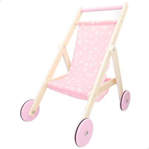 WOOMAX Kinderwagen, Spielzeug, Puppenwagen, 36 cm, aus Holz, Rosa mit Gänseblümchen, 33 x 51 x 44 cm, für Mädchen 2 Jahre, Kinderwagen, Puppe, Kinderwagen (33049) von WOOMAX