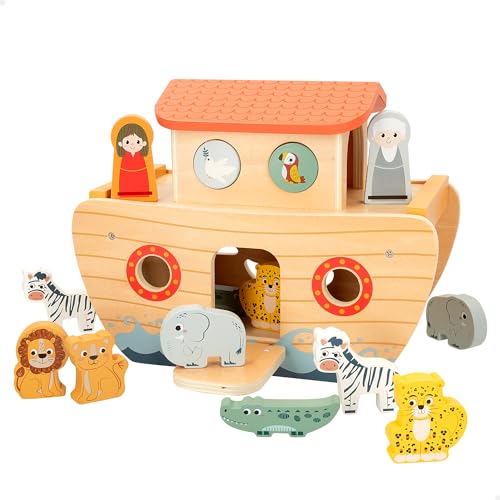 WOOMAX Arche Noah aus Holz, Zookabee, Tierspielzeug, Babyeinsteckspiel, Spielfiguren, Spielzeug für Kinder ab 2 Jahren, Lernspiele, Feinmotorik, Sortierformen, FSC (47579) von WOOMAX