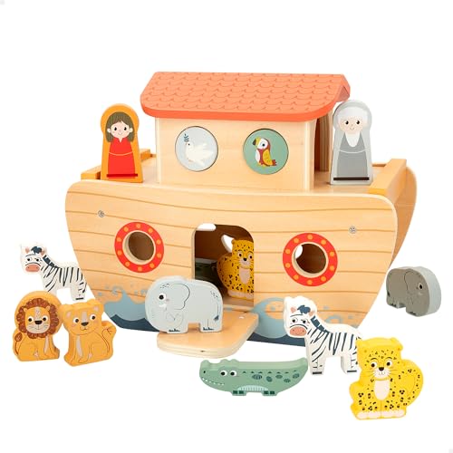 WOOMAX - Noahs Arche aus Holz, Zookabee, Tierspielzeug, Baby-Spielzeug, Spitzenspiel, Spitzenfiguren, Spielzeug Kinder 2 Jahre, Lernspiele, Feinmotorik, Klassifizierer Formen, FSC (47579) von WOOMAX