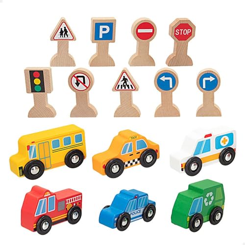WOOMAX - Set 6 Fahrzeuge und 9 Verkehrszeichen, Symbolisches Spiel, Holzspielzeug FSC, Spielzeugautos, Bürgerdienst für Jungen und Mädchen, Empfohlen ab 18 Monaten (47214) von WOOMAX