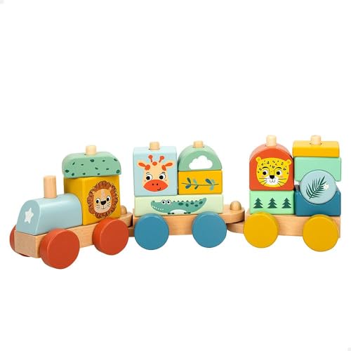 WOOMAX - Spielzeugzug aus Holz mit Tieren, Zookabee, 3 Waggons, 13 Stapelteile, Dschungel, Kinderspielzeugzüge für Kinder, Feinmotorik, Kinderspielzeug 18 Monate, Stapelspiel, FSC (47584) von WOOMAX