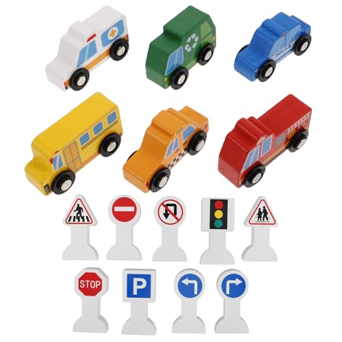 WOONEKY 1 Satz Holzfahrzeugen mit Verkehrszeichen Spielzeugautos für Kleinkinder Verkehrsschilder Fördert über Verkehrssicherheit und Interaktives Spiel von WOONEKY