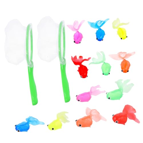 WOONEKY 2 Sätze Badspielzeug Cartoon TPR Goldfische Teilig Aquarium Dekoration Fisch Fangspielzeug für Hand Auge Koordination und Farberkennung mit Netz Leicht und Sicher Zufällige Farbe von WOONEKY