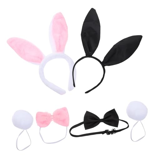 WOONEKY 2 Sätze Hasenohren Haarreif Bunny Kostüm mit Plüsch und Fliege Wiederverwendbares Cosplay Zubehör für Karneval Halloween Party und Fasching Schwarz und Rosa von WOONEKY