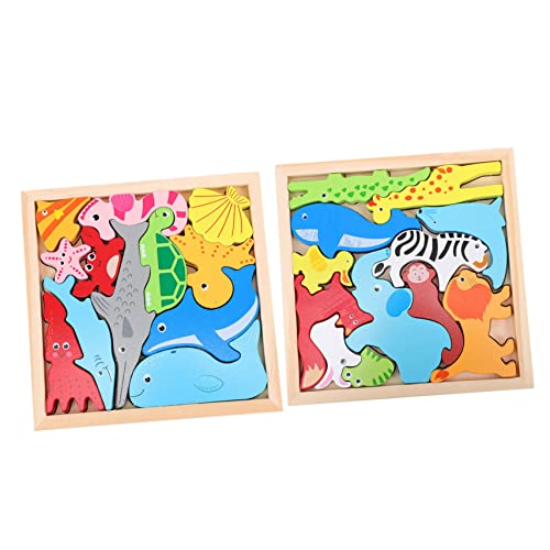 WOONEKY 2 Sätze Holzpuzzle für Teiliges mit Cartoon Tieren Pädagogisches Motorik und Farberkennung für Kleinkinder und Junge Mädchen von WOONEKY