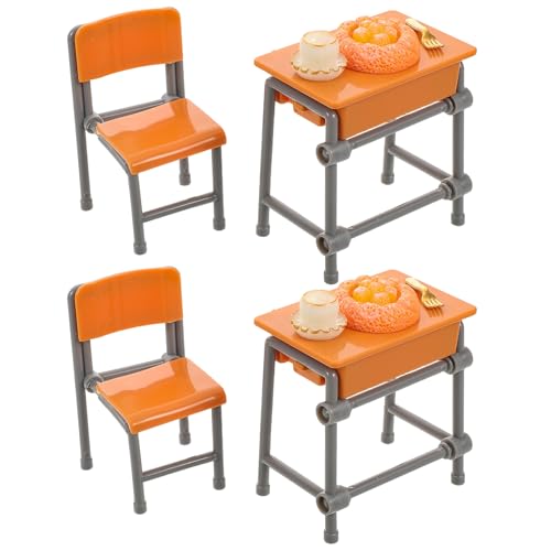 WOONEKY 2 Sätze Miniaturisierte Schreibtischmöbel für Puppenhäuser mit Tisch Stühlen Lebensmittels und Geschirr für Kreatives und Dekoration von WOONEKY