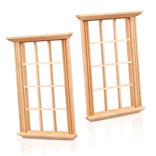 WOONEKY 2 Stück Maßstab Holzfarbenes Fenster mit Gittern Simuliertes Fensterrahmen für Kreative DIY Puppenhaus Dekoration und Fotografie Requisiten von WOONEKY