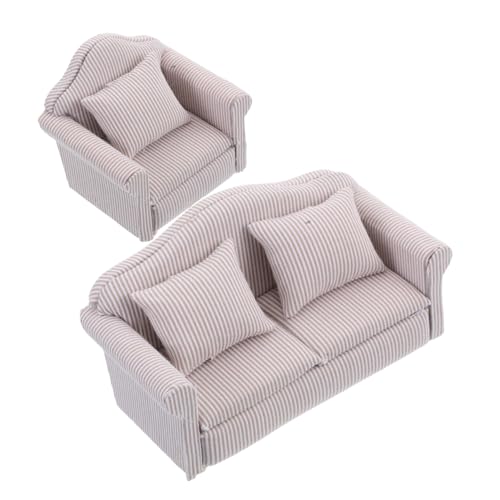 WOONEKY 2 Stück Miniatur Puppenhaus Sofa Holzrahmen Stoff Polster Teilig Einzel Doppelsitz Wohnzimmermöbel Modell Charmantes Design für Puppenhaus Wohnzimmerszene von WOONEKY