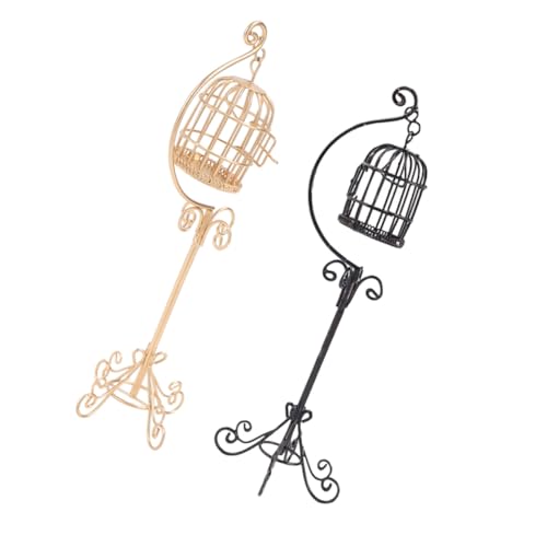WOONEKY 2 Stück Modell mit Ständer Offene Miniatur Vogelkäfig Dekoration für Puppenhaus Stabiler Eisenständer Detailreiche Miniatur Möbel für Mikro Landschaft von WOONEKY