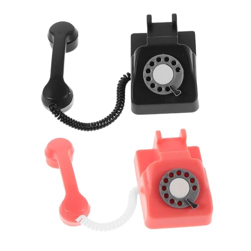 WOONEKY 2 Stück Teiliges Miniatur Retro Telefon Vintage Wählscheiben-Telefon Modell Detailgetreues Puppenhaus Zubehör Miniatur Dekoration für Dollhouse Szene Fotorequisite Rot Schwarz von WOONEKY
