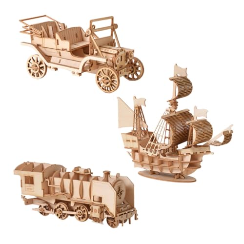 WOONEKY 3 Satz DIY Holzpuzzle Puzzle Modell im Fahrzeug Boot und Zugdesign Handgemacht Kreatives für Sicher und Lehrreich von WOONEKY