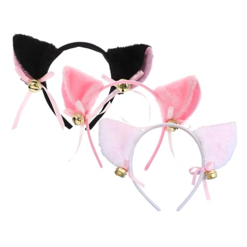 WOONEKY 3 Stck Katzenohren Haarreif Teiliges Leichte Süße Tierohren Stirnbänder mit Glöckchen für Mädchen Dekoratives Cosplay Accessoire für Kostüm und Themenpartys von WOONEKY