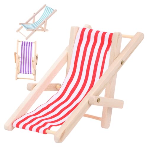 WOONEKY 3 Stück Miniatur Holz Strandstuhl Teilig Bunte Mini Liegestühle Deko für Puppenhaus Gartenmöbel Mikrolandschaft Multifunktional als Handyhalter und Schreibtischornament von WOONEKY
