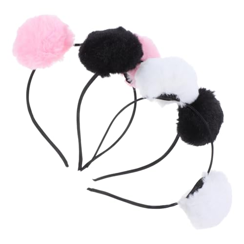 WOONEKY 3 Stück Teiliges Plüsch Bärenohren Stirnbänder mit Flauschigen Pompons Weiche Elastische Haarreifen für Damen für Halloween Cosplay Party und Themen events in Schwarz Weiß von WOONEKY