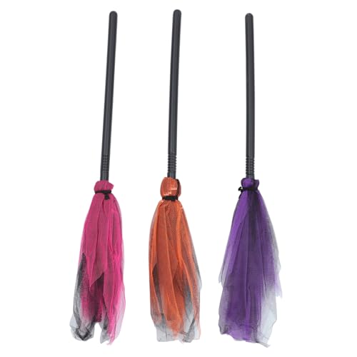 WOONEKY 3 Stücke Teiliges Hexenbesen Halloween Hexenbesen aus Kunststoff und Mesh Stabile Wiederverwendbare Requisite für Erwachsene Dekoration für Party und Cosplay von WOONEKY