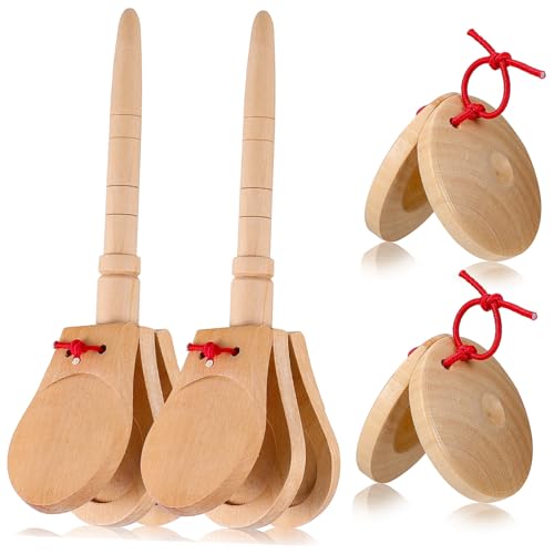 WOONEKY 4 Stück Teiliges Holz Castagnetten mit Griff Kleine Runde Castagnetten Natürliche Holzoptik Pädagogische Percussion Musikinstrumente für Vorschulkinder Fördert Koordination und von WOONEKY