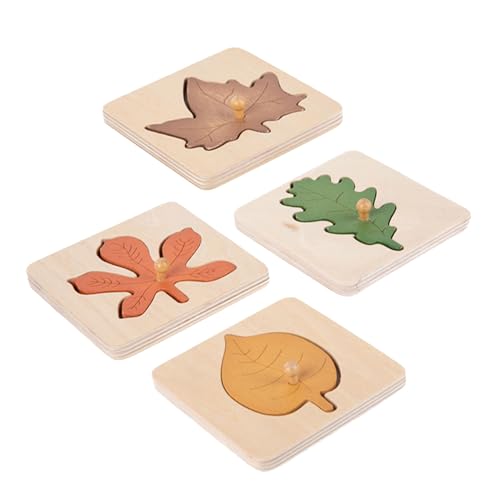 WOONEKY 4 Stück Teiliges Montessori Holzpuzzle für Kleinkinder Ab Jahr Frühkindliches Lernspielzeug mit Blattform zur Kognitiver Fähigkeiten und Formwahrnehmung Sicheres Holzspielzeug von WOONEKY