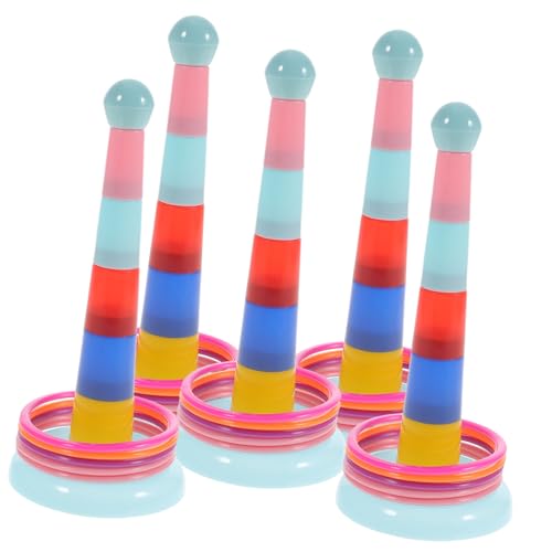 WOONEKY 5 Sätze Bunte Ringwurfspiel Sets für Teiliges DIY Wurfspiel mit Farbenfrohen Ringen und Turm für Gartenpartys und Familienaktivitäten Fördert Motorische Zufällige Farbe von WOONEKY