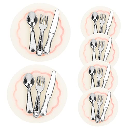 WOONEKY 6 Sätze Miniaturbesteck für Puppenhäuser Teiliges Zubehör mit Tellern und Silbernem Besteck für Mini Küchen und Puppenhaus Dekoration Langlebig von WOONEKY
