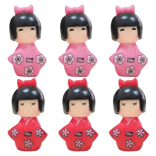 WOONEKY 6 Stück Japanische Kimono Puppen Traditionelle Figurinen für Zuhause Büro Tischdeko Miniatur Landschaftspuppen im Roten und Rosa Outfit Einzigartige Geschenkidee von WOONEKY