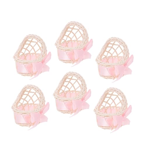 WOONEKY 6 Stück Teiliges Mini Puppenhaus Blumenkorb aus Handgewebtem Rattan mit Schleifen Leichtes Dekorationskorb Puppenhaus als Geschenk für Mini Möbel Sammler von WOONEKY