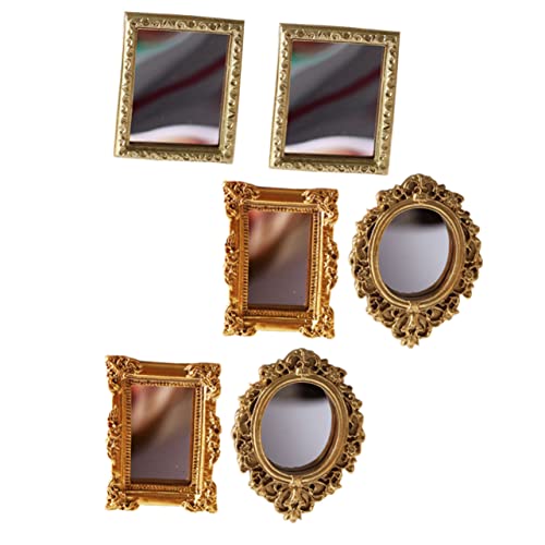 WOONEKY 6 Stück Teiliges Miniatur Spiegel Goldfarbene Klassische Miniaturen für Puppenhaus Realistische Simulierte Spiegel Dekoration Leicht für DIY und von WOONEKY