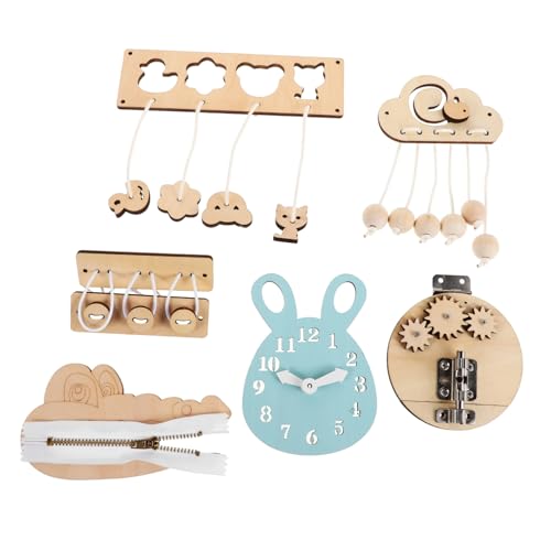 WOONEKY 6 Stück Teiliges Montessori Holz Busy Board Set für Kleinkinder Tragbares Sensorisches Lernspielzeug zur Motorischer Fähigkeiten Gedächtnis und Kognitiver Entwicklung für Reisen von WOONEKY