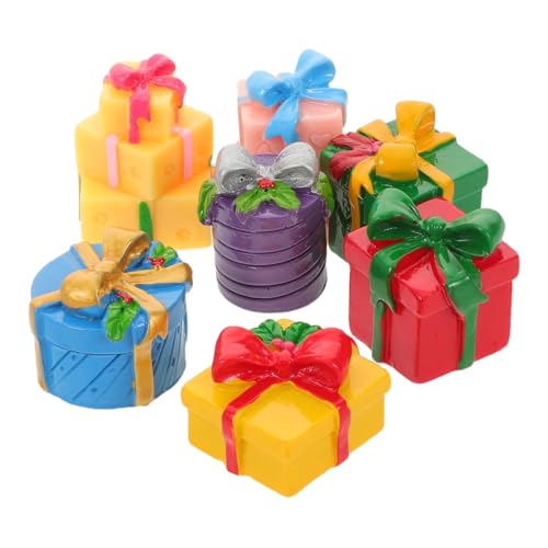 WOONEKY 7 Stück Teiliges Miniatur Weihnachts-geschenkbox aus Harz Handgefertigte Bunte Miniaturfiguren für DIY Weihnachtsdeko Vielseitige Tisch Puppenhaus-Dekoration Festliche von WOONEKY