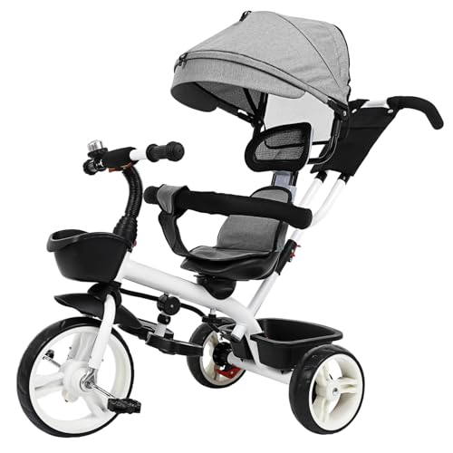 WOONEKY Dreirad mit Sonnenschutz Verstellbarer Kleinkinderwagen für Jungen und Mädchen Leicht und Tragbar Sicherer für Ausflüge Graues Design von WOONEKY