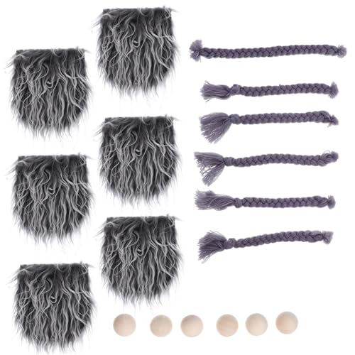 WOONEKY Fluffiger Gnom Bart Set DIY Bastelmaterial für Handgefertigte Zwerg Puppen mit Grauem Kunstpelz mit Bärten Holzkugeln und Zöpfen Hautfreundlich und Langlebig für von WOONEKY