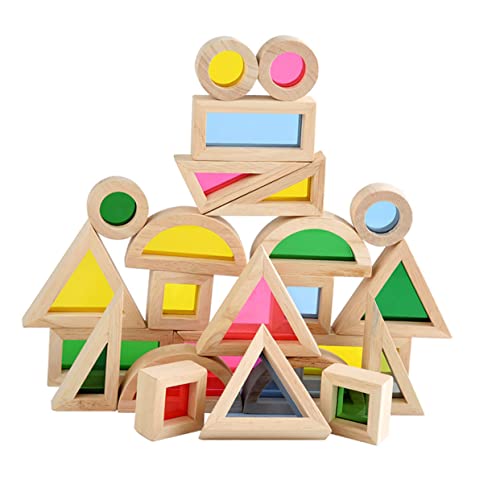 WOONEKY Holzspielzeug Set Mit 24 Bunten Bausteinen Geometrische Formen Für Zur Der Farben Und Formenwahrnehmung Ideales Zur Geburtstagsfeier Für Kleinkinder von WOONEKY