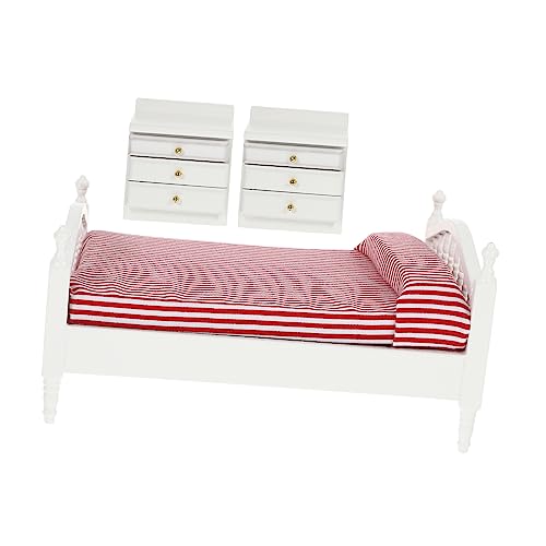 WOONEKY Maßstab Mini Doppelbett mit Weißen Nachttischen Detailreiches Schlafzimmer Zubehör für Langlebig und Realistisch Gestaltet Rollenspiel von WOONEKY