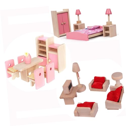 WOONEKY Puppenhausmöbel Mini- Holzmöbel Mini-hausmöbel Kleine Hölzern Bambus Spielzeugbett Rosa von WOONEKY